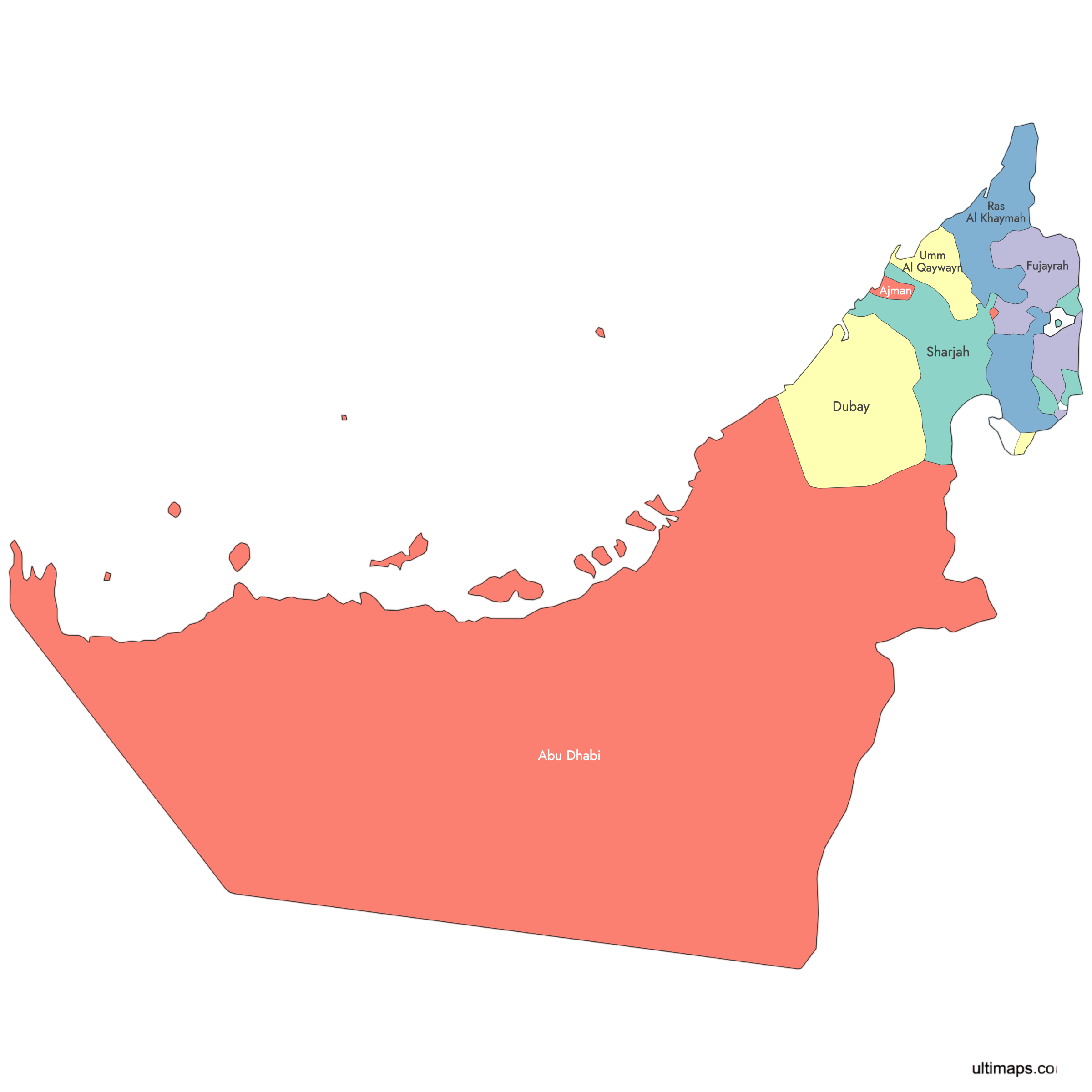 Map of the United Arab Emirates with all seven Emirates highlighted